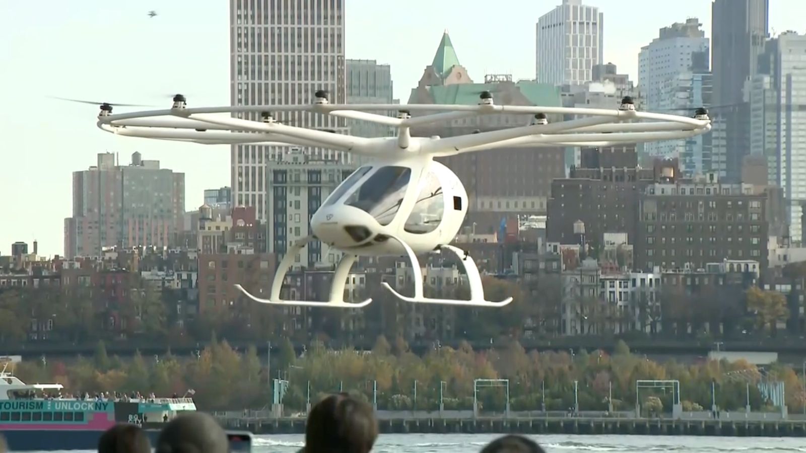 An electric vertical takeoff and landing aircraft is landing at New York City's downtown Manhattan heliport on Nov. 13, 2023.