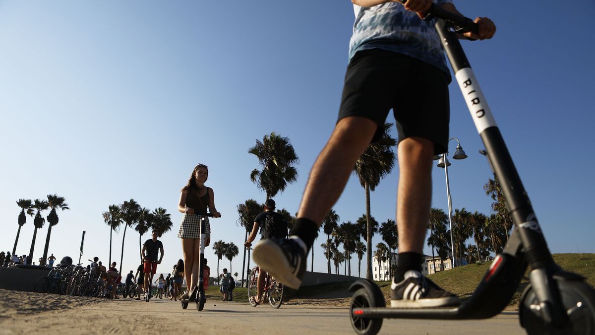 A photo of people riding Bird scooters.