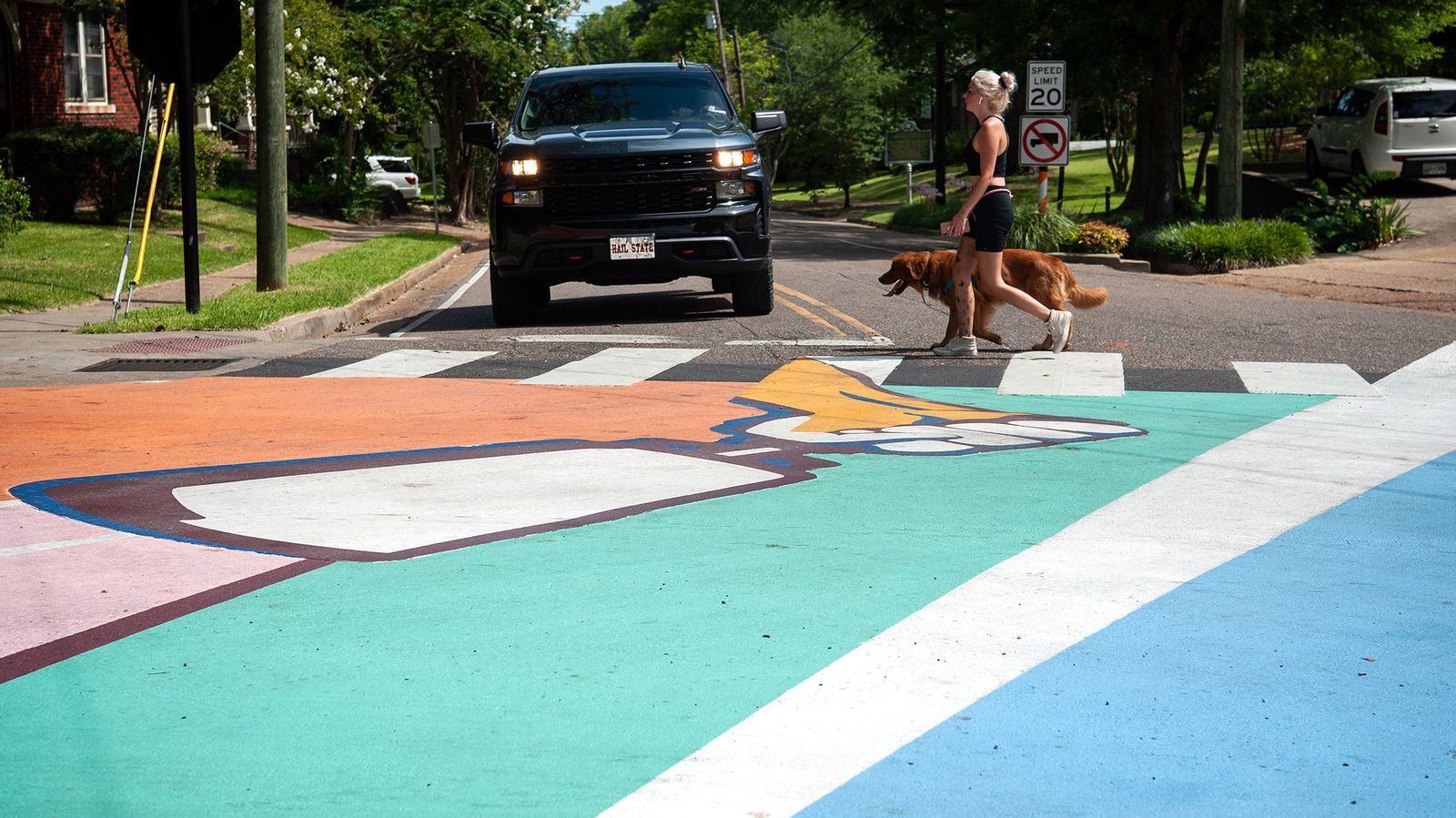 Asphalt art installation in Starkville, Mississippi.