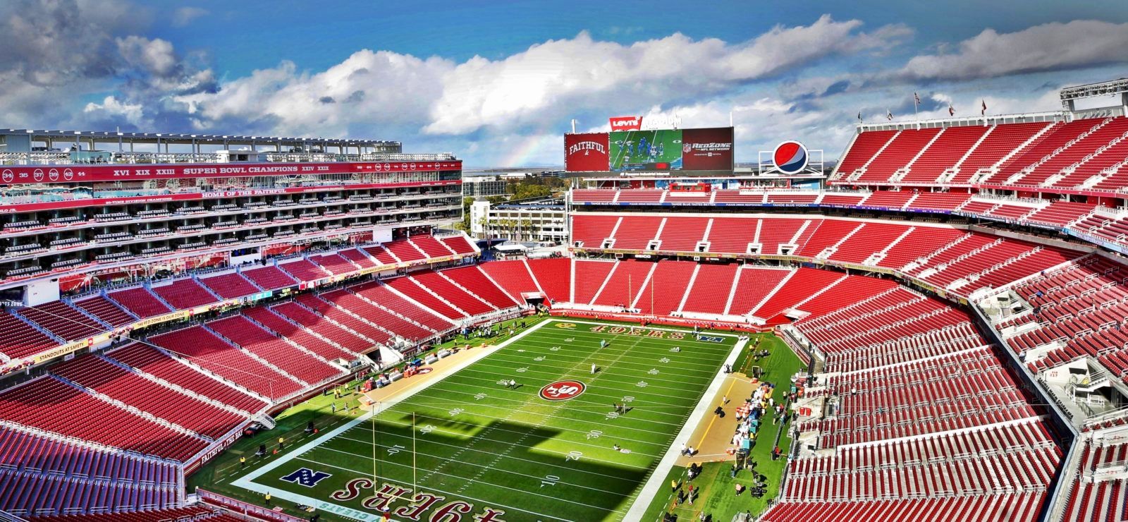 An elevated view of an empty football stadium.